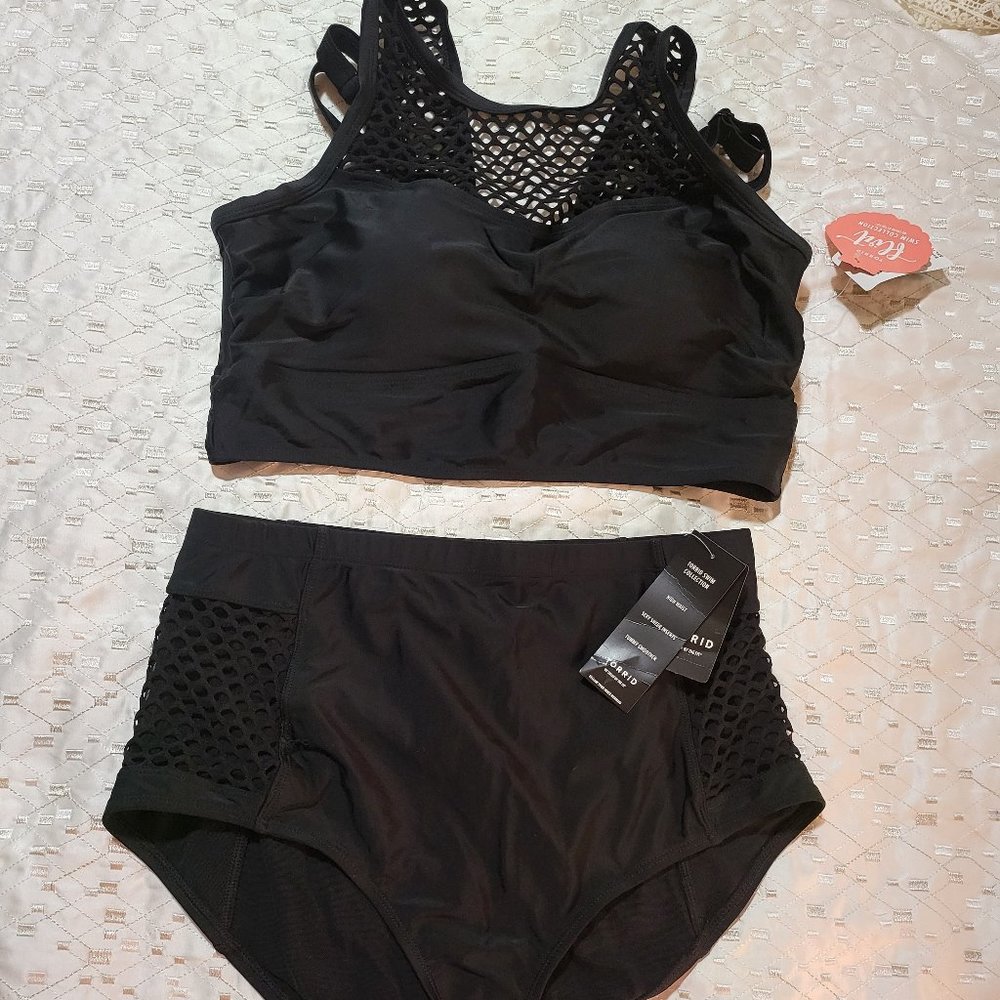 Torrid, size 0, black, two piece bikini with fishnet and solid materials